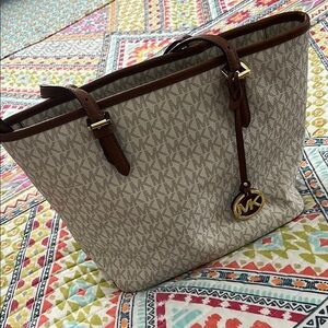 Michael Kors Cream and Brown Tote Bag with Textured Design